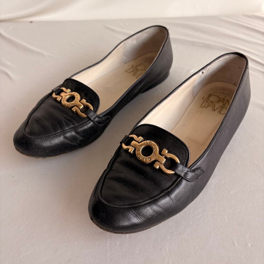 Vintage Joan & David Black Leather Loafers - Gold Gancini Hardware, Square Toe